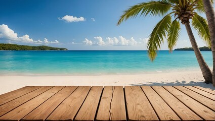 Fototapeta premium Natural wooden plank and summer beach landscape