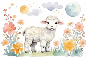 Watercolor Cute Baby Valais Lamb generative AI illustration