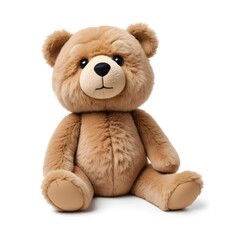 Obraz premium A fluffy brown teddy bear with black eyes and a simple facial expression, sitting on a white background