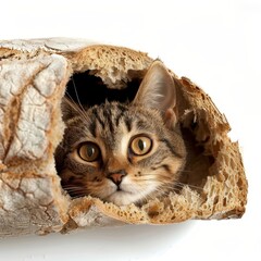 Naklejka premium an Bengal head peek out from a hole of bread slices, front side, editorial photography, on white background