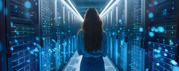 Woman Overseeing Cloud Data Management in Server Room for Business Computing