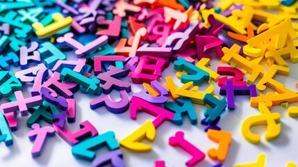 Chaotic pile of colorful letters on a white surface representing typography, fonts, and education