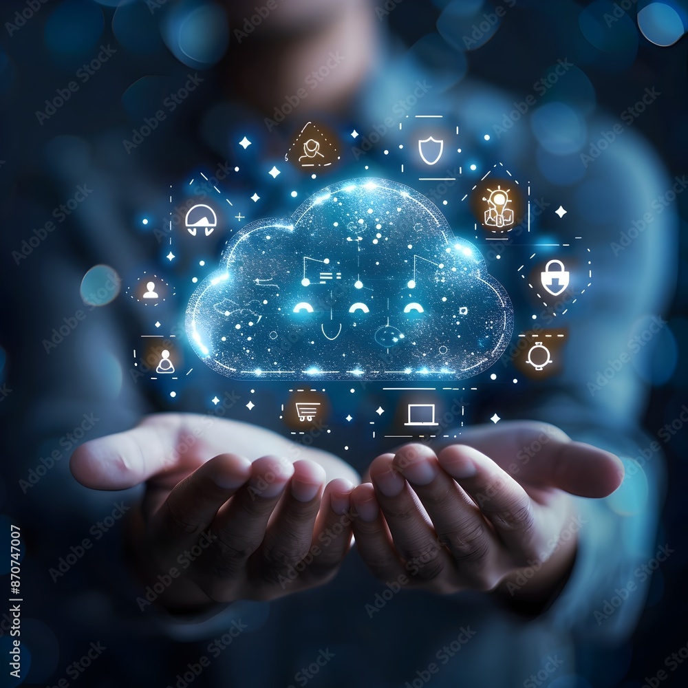 Poster cloud computing business concept with floating digital icons and customer testimonials