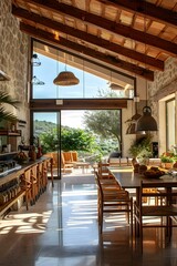 Fototapeta premium Rustic wooden house interior with large glass windows and wooden furniture