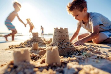 A person building a sandcastle with children or friends, with a focus on the playful and creative side of enjoying time on the beach - Powered by Adobe