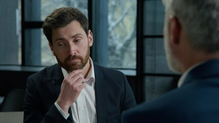 Caucasian man businessman employer HR manager consultant talk to candidate hiring new employee job interview consulting male customer client businessmen discussing project business meeting in office