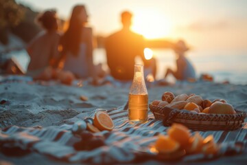 family having a picnic by the beach during sunset, close-up shots, in the style of Documentary Photography