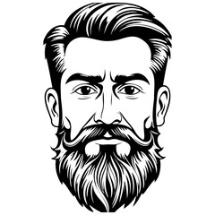 beard realistic, ink sketch of black silhouette outline, transparent background