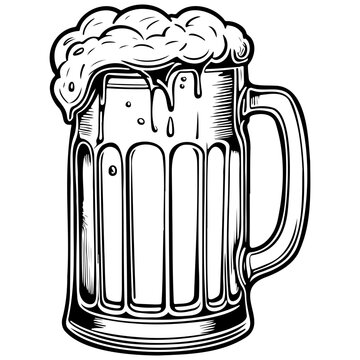 beer mug black hand drawn line illustration, transparent background