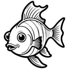 cartoon fish realistic, ink sketch of black silhouette outline, transparent background