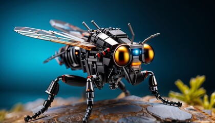 Fototapeta premium Robotic insect with glowing eyes, close-up on nature background. Generative AI