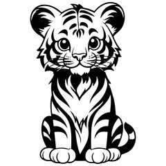 Isolated cartoon tiger drawing, vector realistic outline line, transparent background