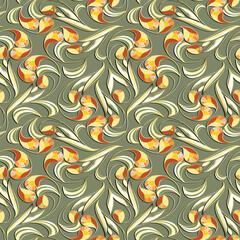 Floral seamless pattern, colored mosaic flowers in yellow and orange tones, khaki background.