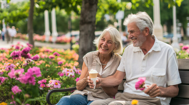Senior couple sharing ice cream and smiling while sitting on a park bench near flower beds in the city.