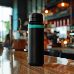 A black and teal water bottle with a matte finish, resting on the counter of an urban coffee shop