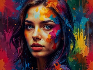 Profile of a woman with colorful flowing lines, geometric shapes, and dripping paint on a vibrant abstract background
