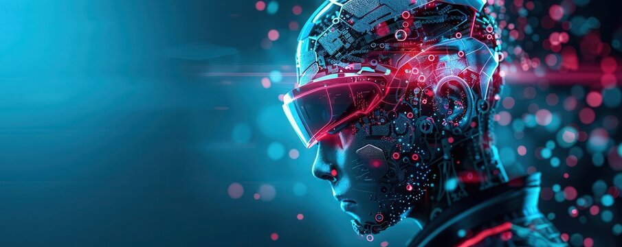 The fusion of man and machine in a digital realm adorned with glass