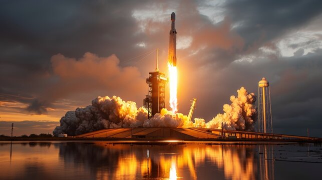 first ever launch of the SpaceX starship from launchpad 39a at cape Canaveral Florida viewd from a distance, panoramic, 8k, HD, cinematography, photorealistic, epic composition Unreal Engine,