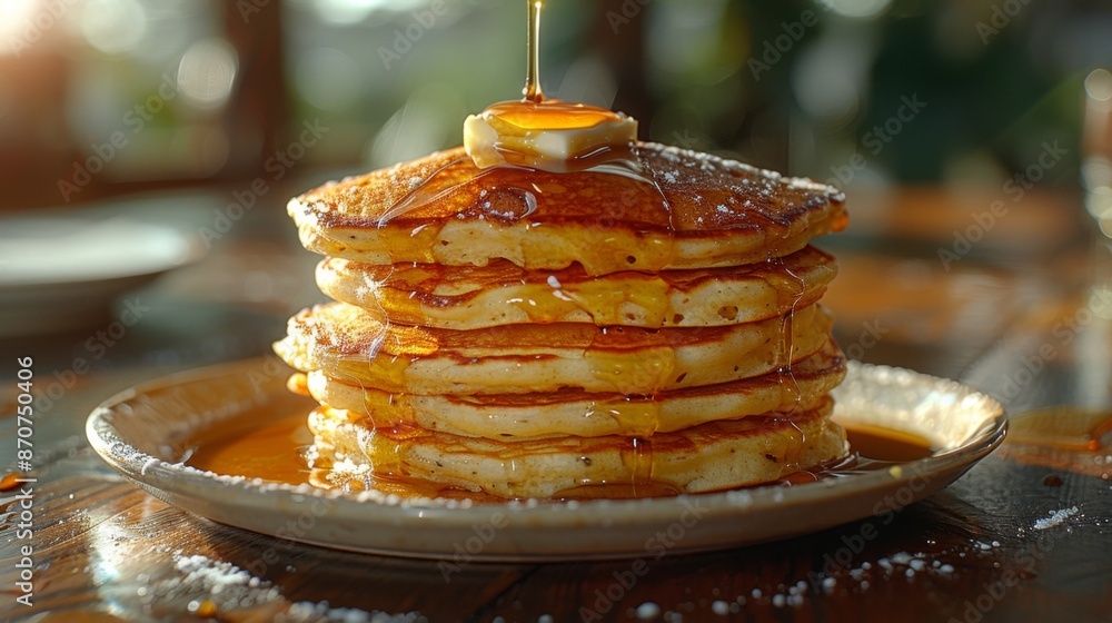 Poster capture the fluffy perfection of a stack of buttermilk pancakes, featuring a drizzle of syrup and a 