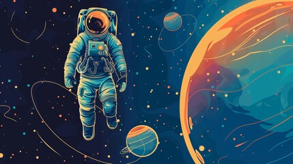 Fototapeta premium A vibrant illustration of an astronaut floating in a cosmic wonderland, surrounded by swirling planets and twinkling stars.