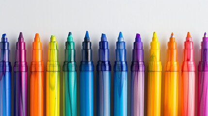 A vivid array of colorful marker pens lined up, showcasing a rainbow spectrum that sparks creativity and visual delight