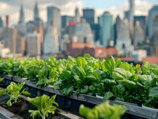 Fototapeta premium Urban Rooftop Farming with City Skyline in the Background Showcasing Sustainable Green Concept and Copy Space