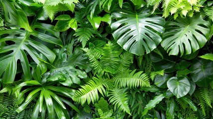A lush green tropical background of various plants and leaves, creating a refreshing and vibrant natural scene perfect for nature-themed projects.