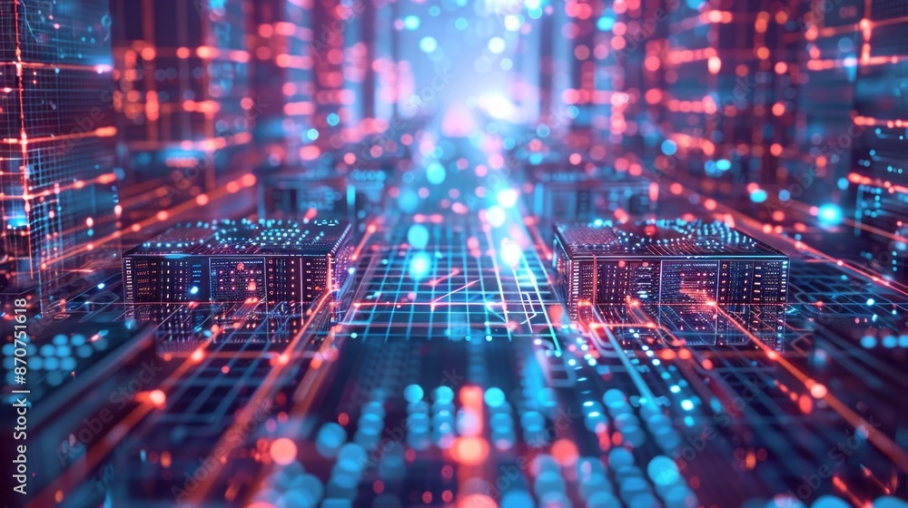 Poster A digital illustration depicting a city built from data and information, symbolizing the vast potential of quantum computing