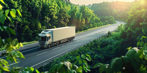 sustainable delivery background, eco friendly logistics and shipping banner, white delivery truck on road surrounded by green nature, carbon neutral, net zero emission cargo transport
