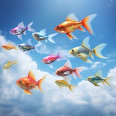 Fototapeta premium backdrop with blue sky and colorful flying fish , generated by AI. High quality photo