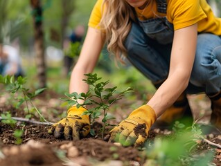 Fototapeta premium Volunteer Planting Seedlings in Urban Park for Sustainability Initiative