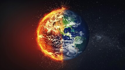 Fototapeta premium Dramatic image depicting Earth's split between fiery destruction and vibrant life, highlighting climate change impacts.