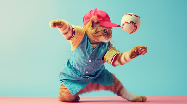 Cat Baseball Player with Baseball