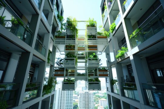 vediamo che si compone in aria un cubo volante formato da pezzi di edificio che viene ricoperto di piante su alcune delle facce ci sono degli schermi led