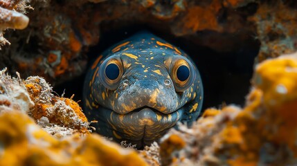 Hidden within a rocky enclave, a curious moray eel peers out with vibrant eyes, cloaked in a mosaic of sea-colored patterns.