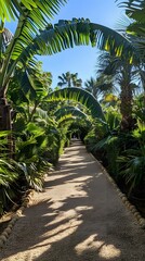 tropical garden path with palm trees