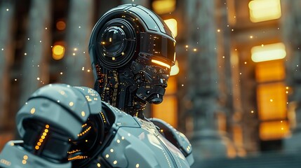 Fototapeta premium Cybernetic judge with bankruptcy case, future legal proceedings 