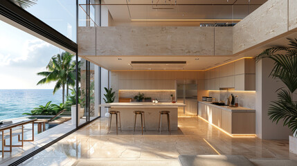 Obraz premium Modern minimalist kitchen interior design with ocean view. Open concept kitchen with large windows and island, featuring contemporary furniture, marble countertops, and warm lighting. Luxurious home d