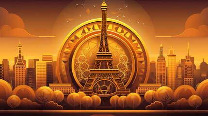 Golden Hour Over Stylized Eiffel Tower and Cityscape