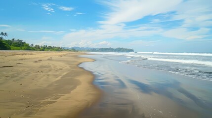 The beach stretches endlessly before us, a canvas of sand and surf waiting to be explored.
