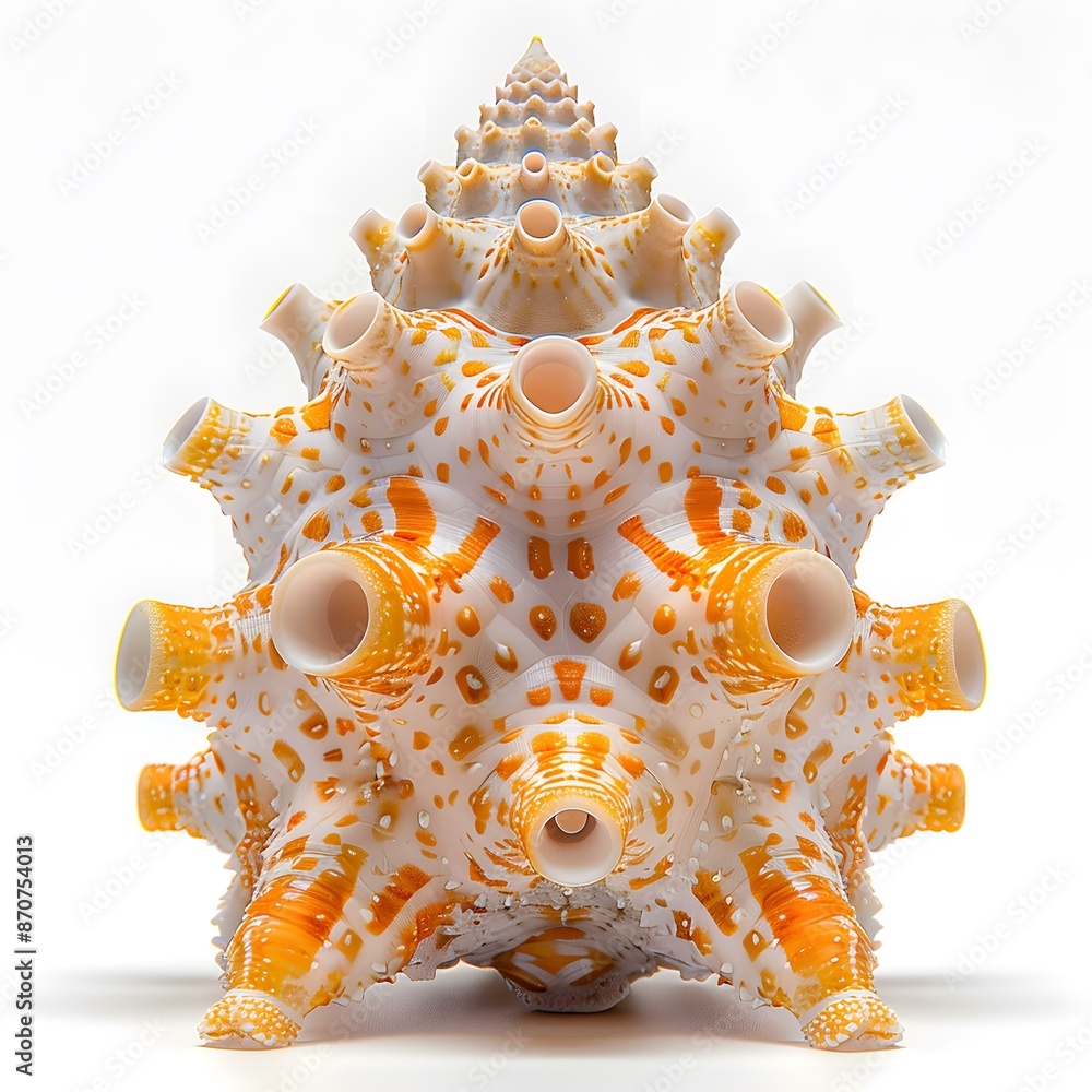 Poster a 3d rendering of a seashell with a spiral pattern and orange and white colors