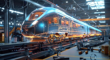 A digital rendering of an high-speed train in the process of being made, with holographic blueprints glowing around its 