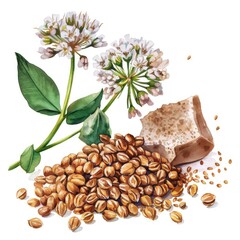 Custom vertical slats for kitchen with your photo Hand-drawn Watercolor Illustration of Buckwheat Grains and Flower on White Background