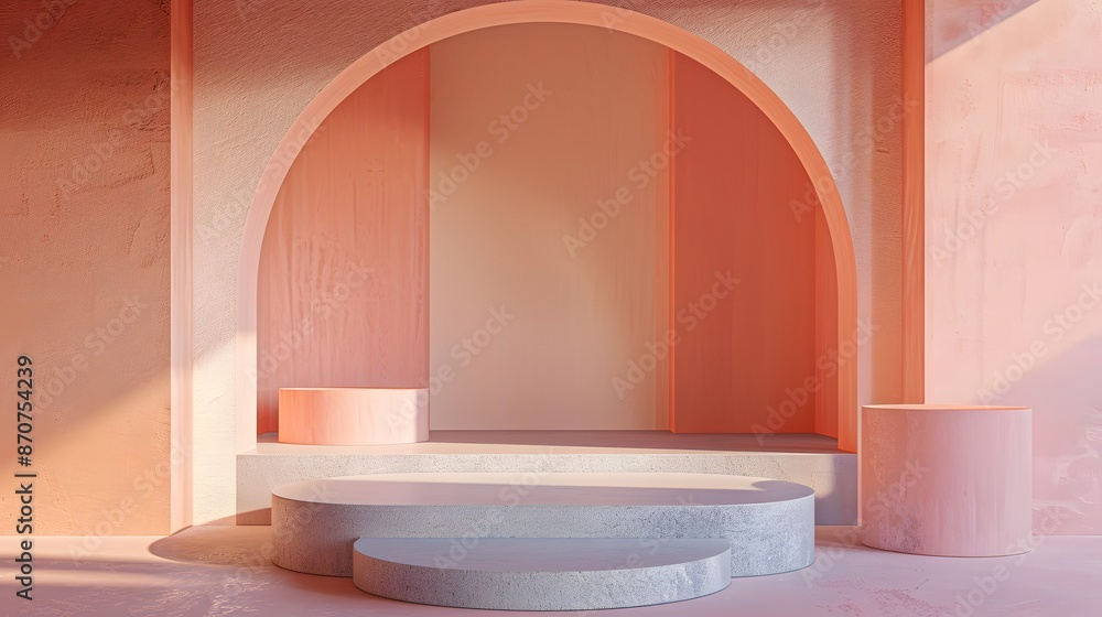Poster minimalist product display with arches and podium.