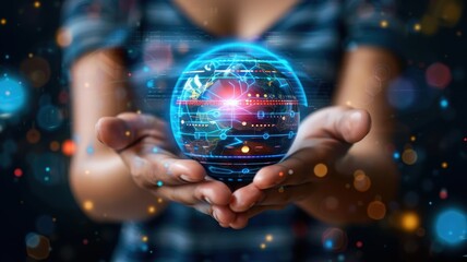 Fototapeta premium Hands holding a glowing digital globe, symbolizing global technology, connections, and innovative digital solutions.