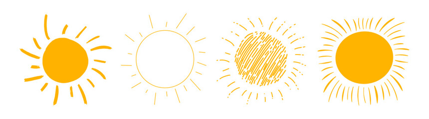 Set of different suns icons. Solar symbols on isolated background. Sunset vector collection.