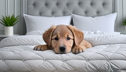 Little puppy dog in a comfy bed.