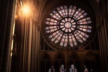 Sunlight pouring through the rose window. Stained glass window