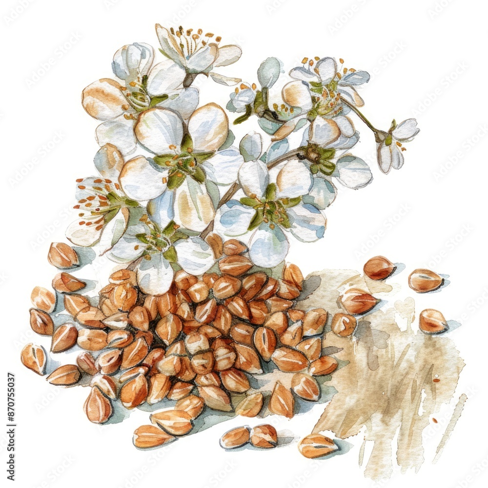 Canvas Prints Rustic Organic Buckwheat Grains with Flower. Traditional Watercolor Illustration for Healthy Cooking Concept