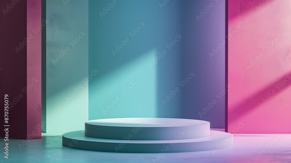 Poster minimalistic colorful podium with two levels for product display.